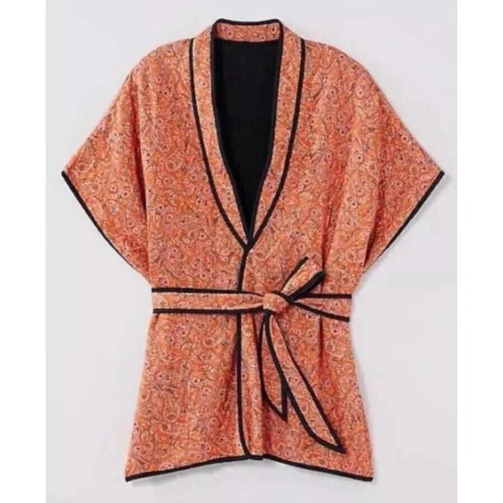 J Jill Belted Quilted Ruana Kimono Jacket Sunset Carefree Paisley Boho Sz S-L